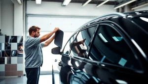 Enhance your vehicle with auto window tint near me featuring a technician in action.