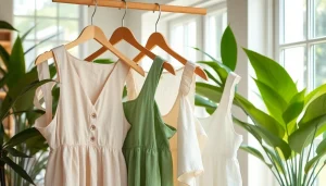 Linnen jurken hangen elegant in een lichte boetiek met groene planten.