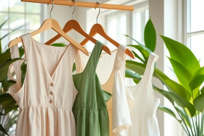 Linnen jurken hangen elegant in een lichte boetiek met groene planten.