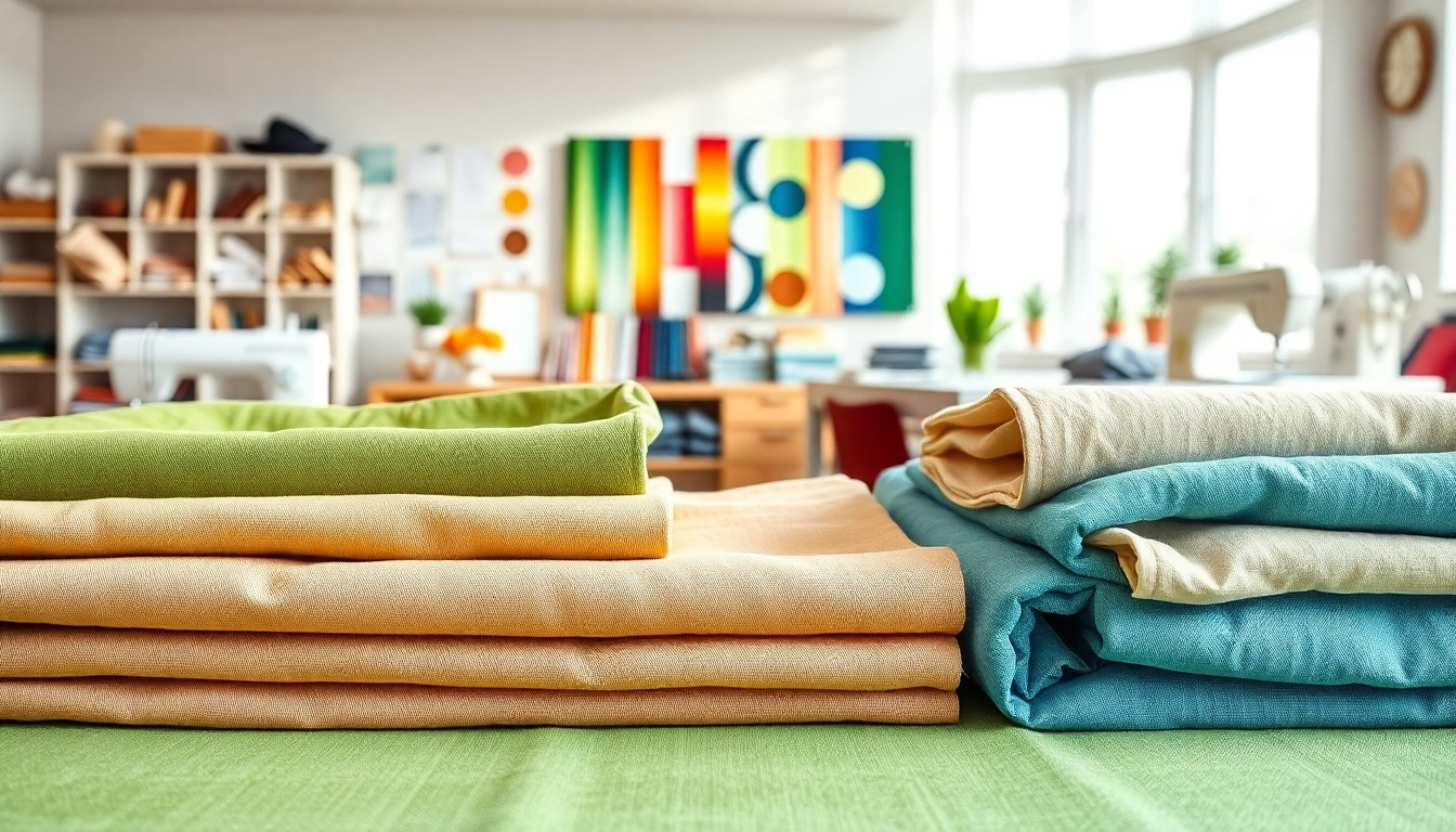 Linnen stoffen in verschillende kleuren en texturen in een stijlvolle naaiatelier.