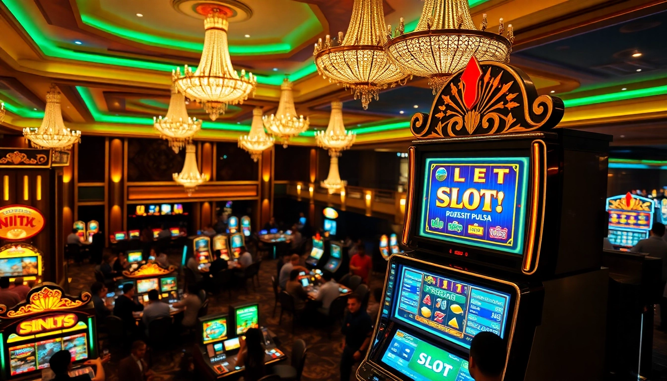 Para pemain yang antusias berinteraksi dengan mesin slot deposit pulsa tanpa potongan yang mewah dalam suasana kasino yang hidup.