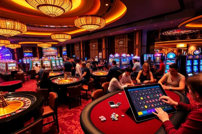 SODO Casino players strategizing at poker tables with vibrant slot machines in the background.