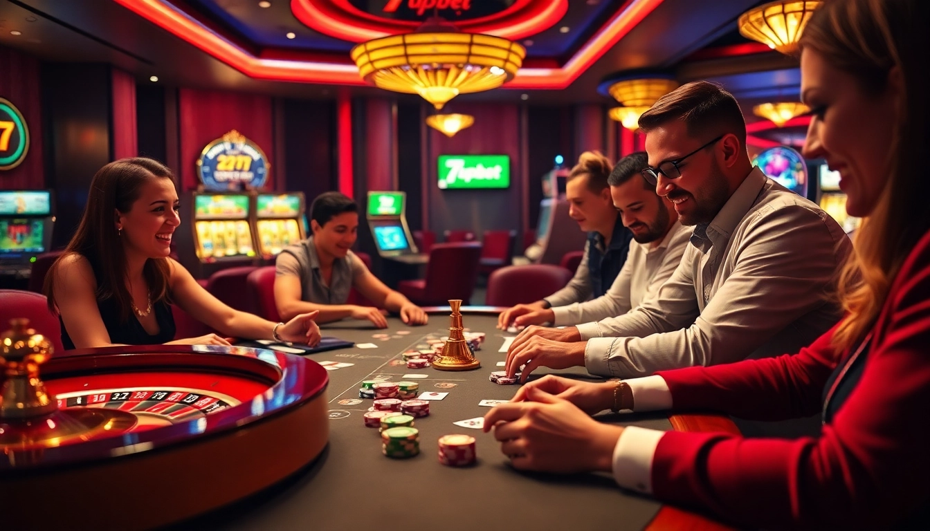 Players enjoying high-stakes poker at 7upbet's luxurious casino tables featuring colorful chips and cards.
