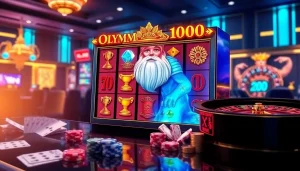 Experience the thrill of Olympus 1000 slot machine with Zeus and vibrant casino elements.