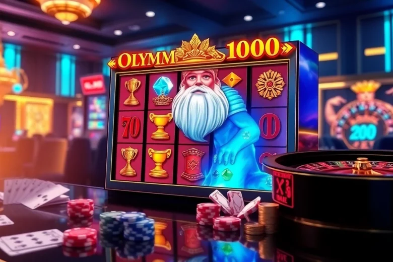 Experience the thrill of Olympus 1000 slot machine with Zeus and vibrant casino elements.