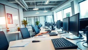 Efficient typist at a modern typing center, immersed in work within a professional office.