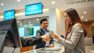 Mengajukan deposit 1k kepada petugas bank yang ramah di meja layanan pelanggan modern.