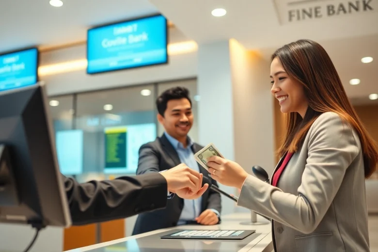 Mengajukan deposit 1k kepada petugas bank yang ramah di meja layanan pelanggan modern.