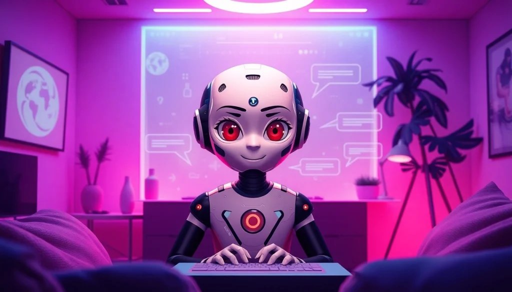 Interactive scene showcasing nsfw character ai in a modern virtual environment with warm ambiance and engaging character.