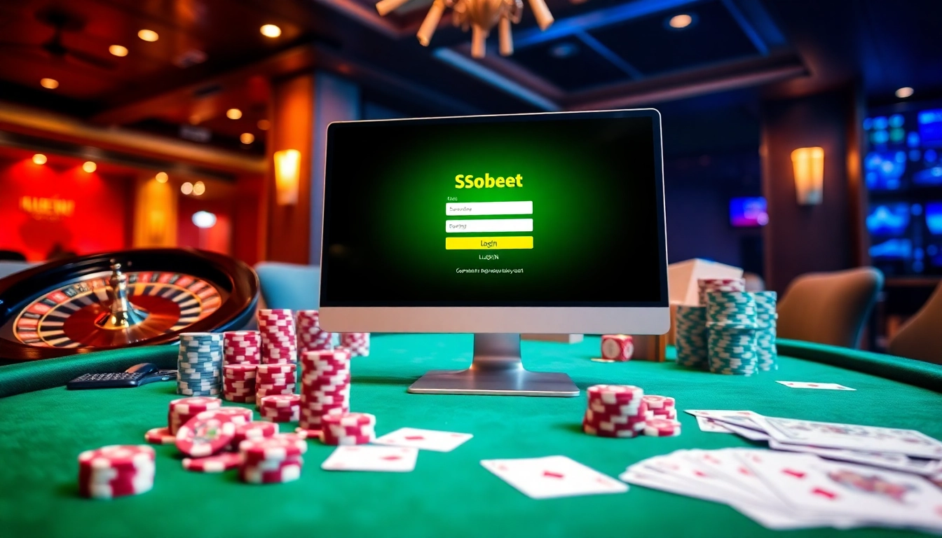 Engaging sbobet login interface surrounded by casino elements, enhancing online gambling experience.