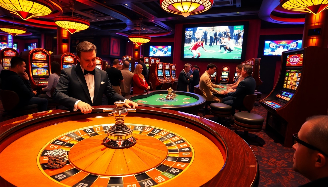 Gambling excitement at an onicplay-themed casino with players at a vibrant roulette table.