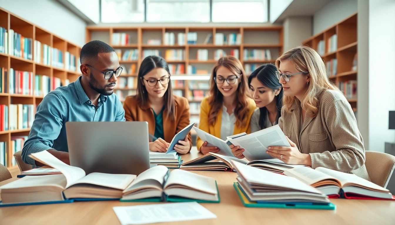 Expert writers for nursing literature review collaborating in a bright library setting.