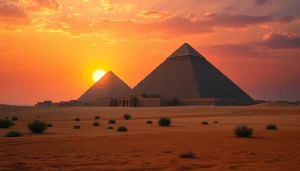 Explore the majestic piraminds of Giza at sunset, showcasing their ancient beauty and mystery.