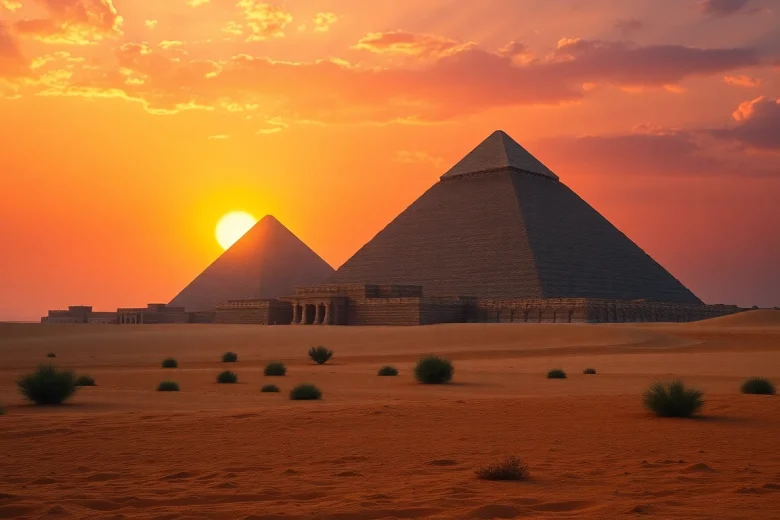 Explore the majestic piraminds of Giza at sunset, showcasing their ancient beauty and mystery.