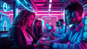 Engaging users interacting with free NSFW AI chatbots in a high-tech digital environment.