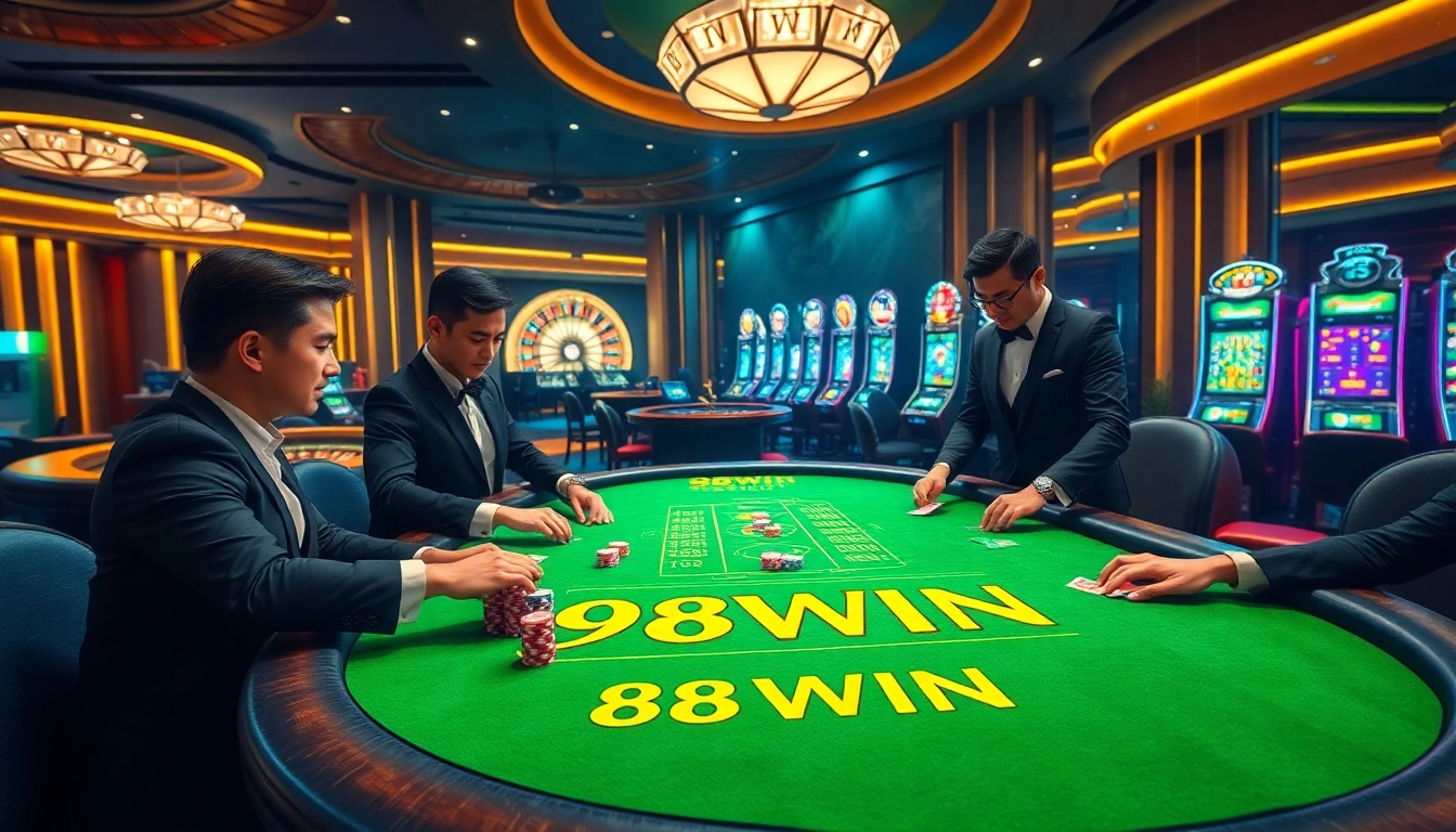 Players celebrating a win at a luxurious 98WIN casino gaming table with poker chips and cards.