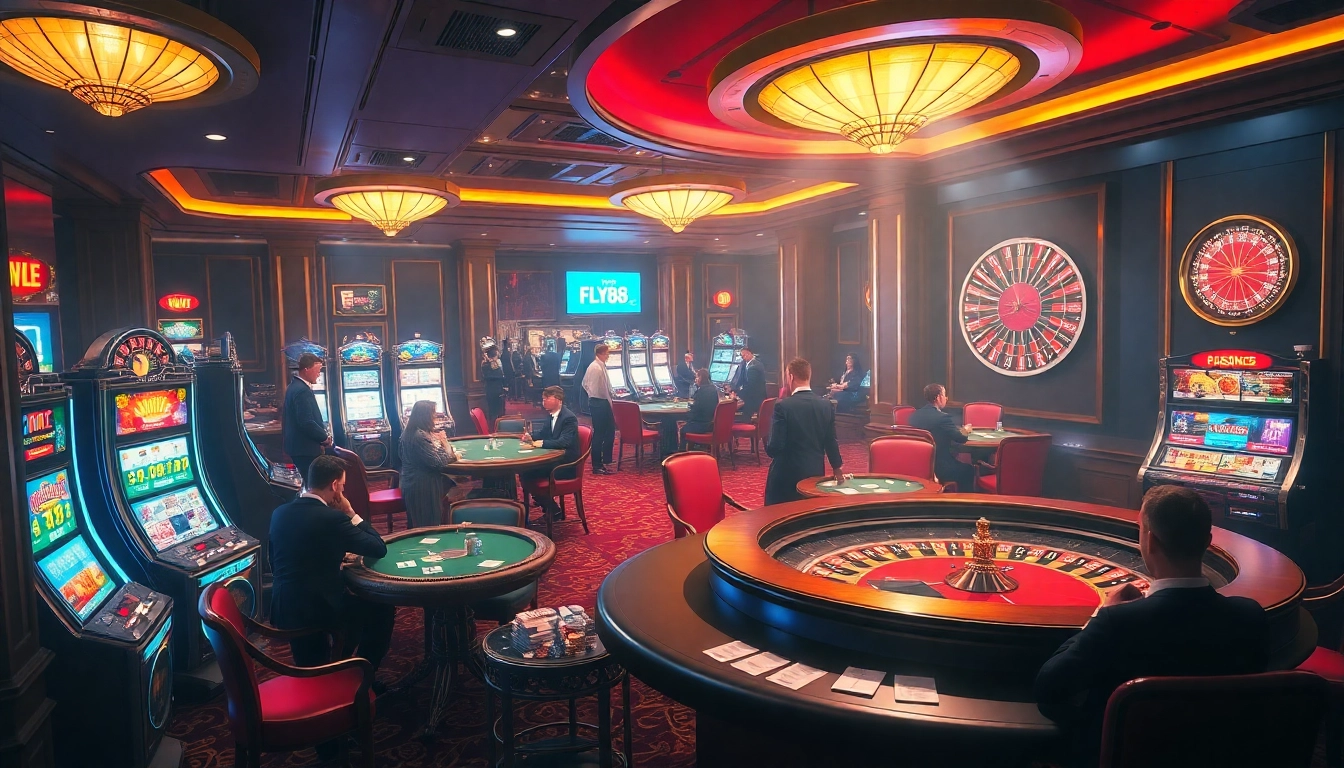Engaged players strategizing at a FLY88-themed casino table, highlighting excitement and luxury.