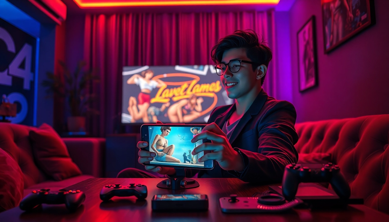 Engaging player enjoying a mobile porn game on a smartphone in a cozy setting.