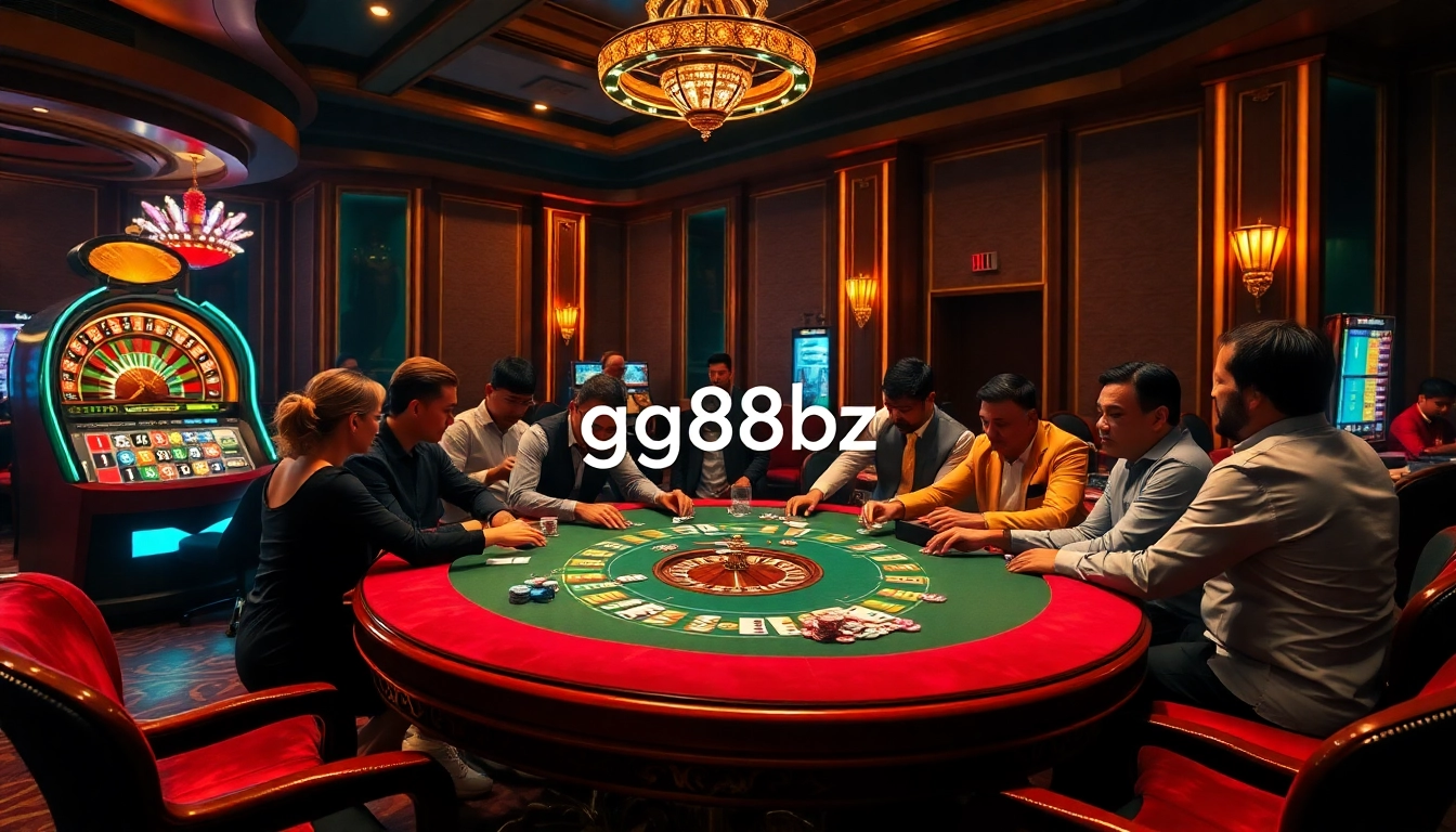 Intense gambling action at a poker table scene highlighting gg88bz branding with vibrant casino elements.