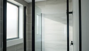 Showcase of a modern shower door black frame in an elegant bathroom setting.