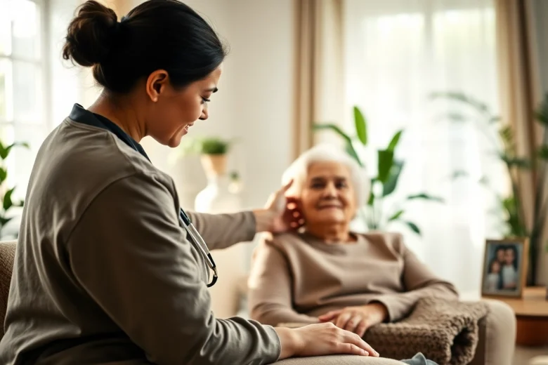 Experience austin senior home care with compassionate caregiver in a cozy living room setting.