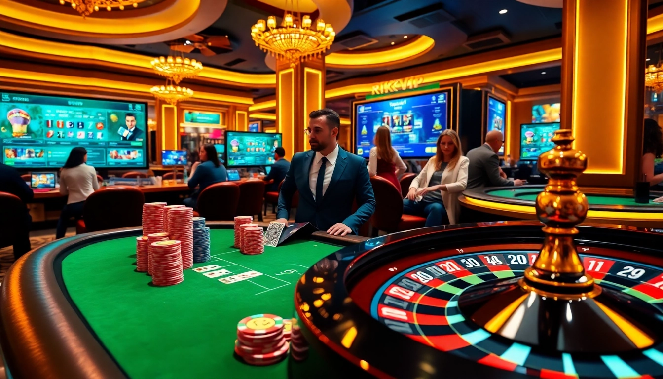 Engaging scene of a RIKVIP online poker game showcasing vibrant chips and cards.