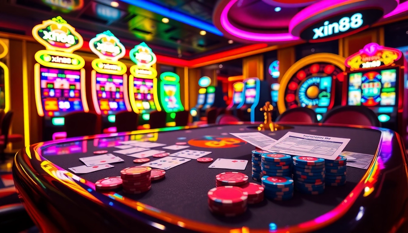 Play exciting poker with xin88 casino chips and cards under vibrant casino lights.