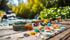 Showcase a Fly fishing kit arranged attractively with nature backdrop, highlighting professional fishing gear.