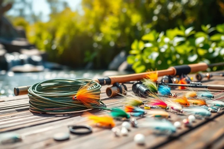 Showcase a Fly fishing kit arranged attractively with nature backdrop, highlighting professional fishing gear.