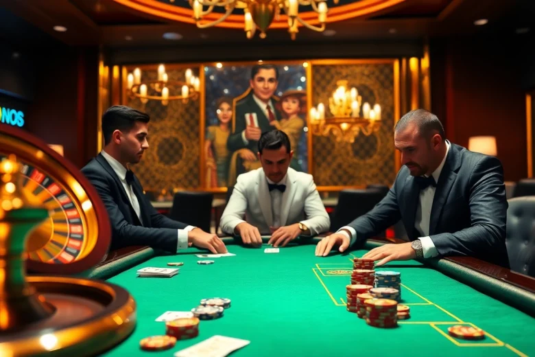 Des joueurs de poker captivés dans un casino en ligne France luxueux avec des cartes et des jetons vibrants.