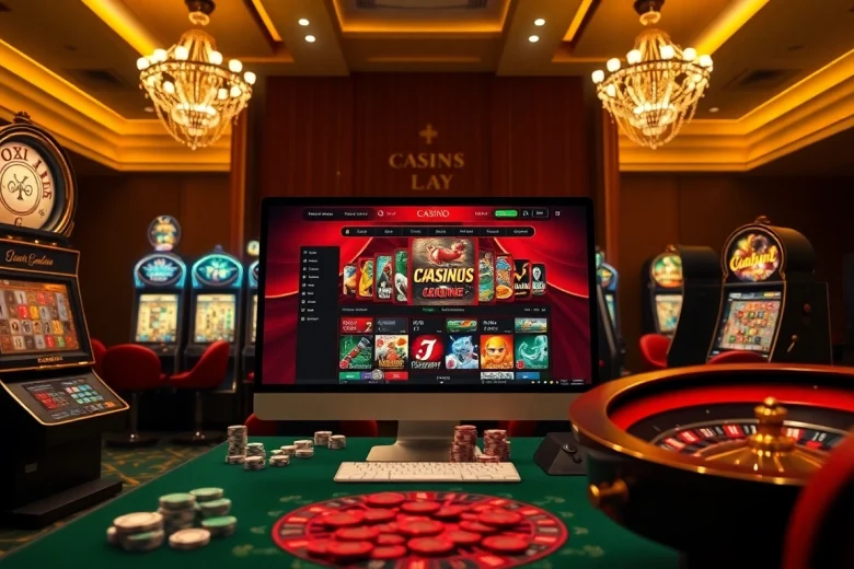 Vivez l'excitation dans le casino en ligne France avec une scène de jeu en ligne dynamique affichant la roulette et le poker.