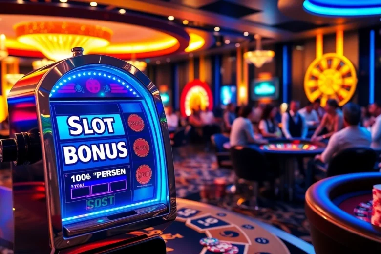 Rasakan sensasi kemenangan slot bonus 100 persen di kasino mewah, menampilkan permainan yang berwarna-warni dan pemain yang bahagia.