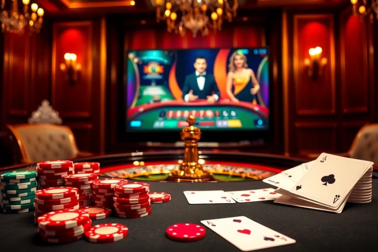 Découvrez l'excitation du casino en ligne Français avec des jetons de poker vibrants et une roue de roulette tournante.