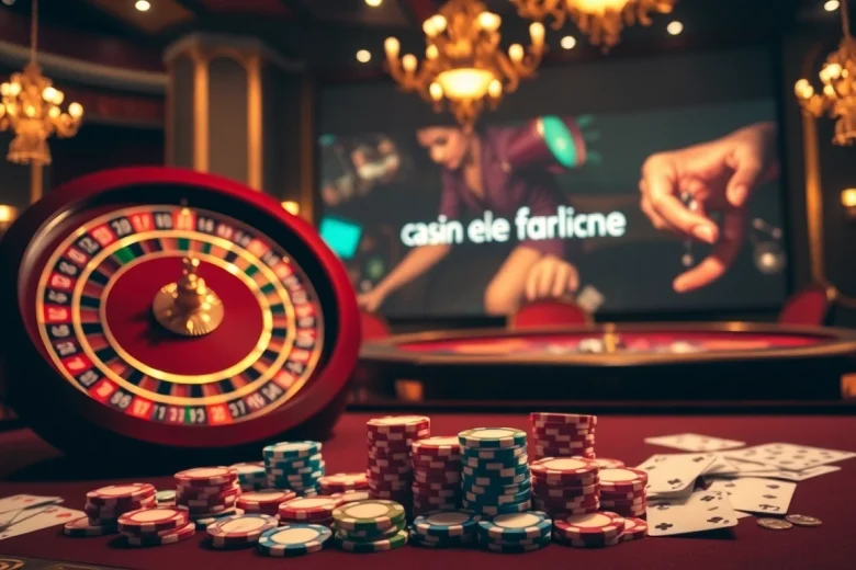 Une scène palpitante de jeux de casino met en avant des moments passionnants dans le casino en ligne français avec des jetons de poker et des cartes en vedette.