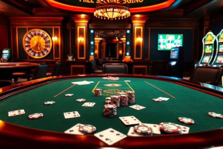Vivez l'excitation du casino en ligne France avec une scène de table de poker sophistiquée mettant en avant des jetons et des cartes élégants.
