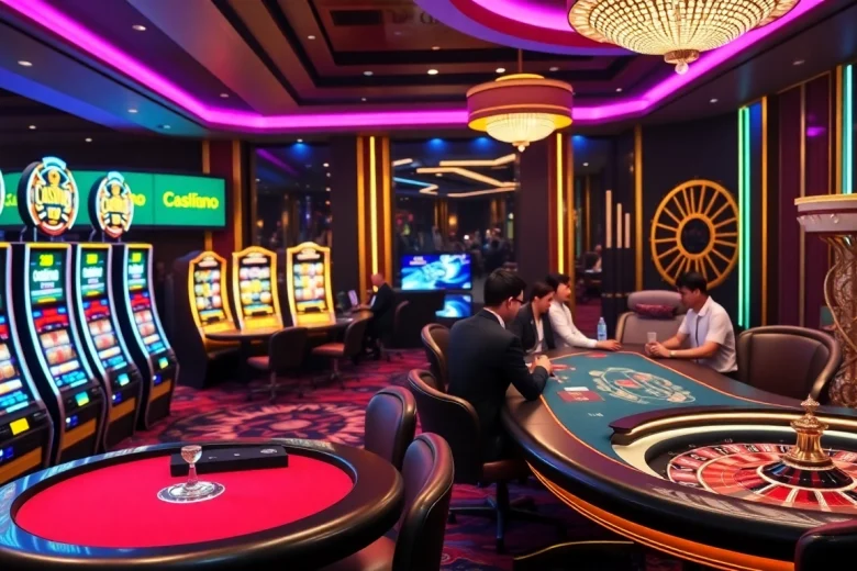 Scène engageante de casino en ligne argent réel France montrant des joueurs à une table avec des machines à sous vibrantes.