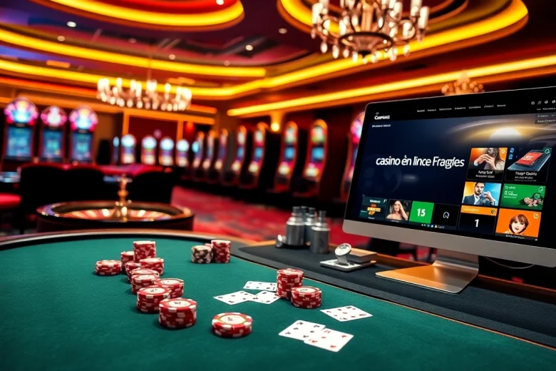 Une table de poker luxueuse mettant en avant l'action de casino en ligne Français avec des jetons de poker et des cartes vibrantes.