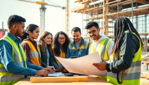 Engaged students in construction education training with hands-on tools and detailed plans.
