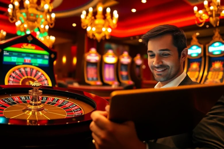 Découvrez l'excitation du casino en ligne Français avec une ambiance de jeu en ligne luxueuse mettant en avant la roulette et les machines à sous.