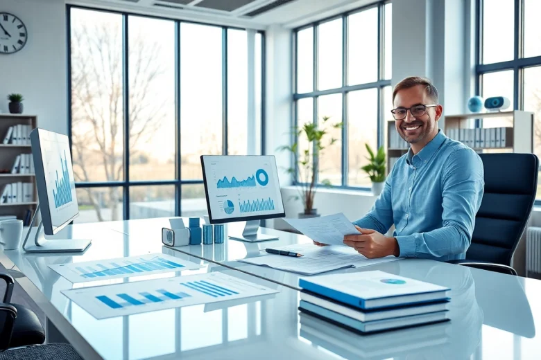 Biuro usług księgowych z wykresami finansowymi i przyjaznym księgowym w nowoczesnej przestrzeni.
