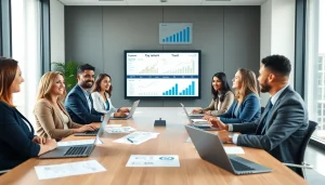 Corporate Tax Return Filing in UAE scene with diverse professionals collaborating over tax documents in a modern office.
