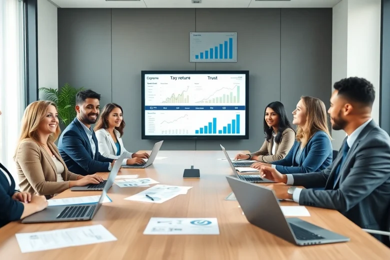 Corporate Tax Return Filing in UAE scene with diverse professionals collaborating over tax documents in a modern office.
