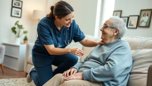 At home health care services providing compassionate support to seniors in a comfortable living room.