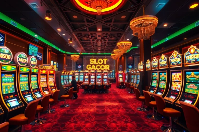 Engaging scene of players enjoying slot gacor machines in a luxurious casino atmosphere.