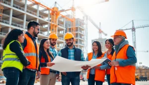 Team of construction members collaborating at a busy site, showcasing unity in a construction member organization.