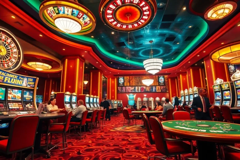 Joueurs de casino en ligne France profitant d'une roue de roulette vibrante au milieu d'intérieurs de casino luxueux.