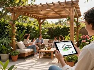 3D pergola configurator in an outdoor living space showcasing a stylish pergola design amidst vibrant greenery.