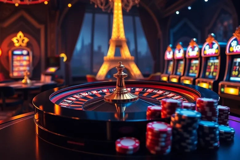 Scène captivante d'un casino en ligne Français avec une roue de roulette vibrante et des jetons de poker.