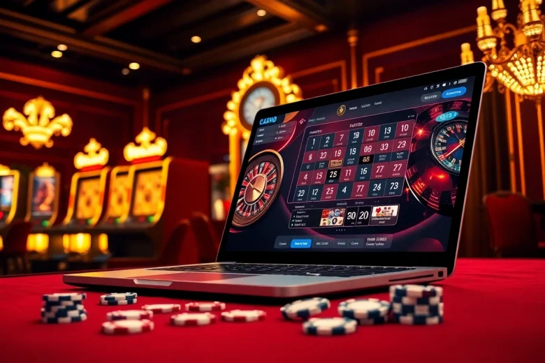 Atmosphère de jeu en ligne excitante avec des éléments de casino en ligne Français, mettant en avant la roulette et le poker.