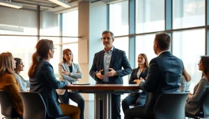 Corporate coach leading an engaging session with professionals, fostering collaboration and growth.